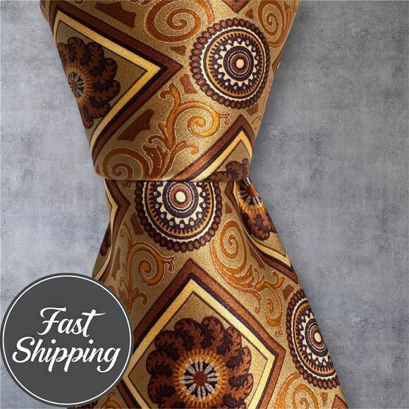 GIANFRANCO FERRE Made in Italy Silk Tie Geometric 100% Silk Necktie Brown/Tan - Picture 5 of 6